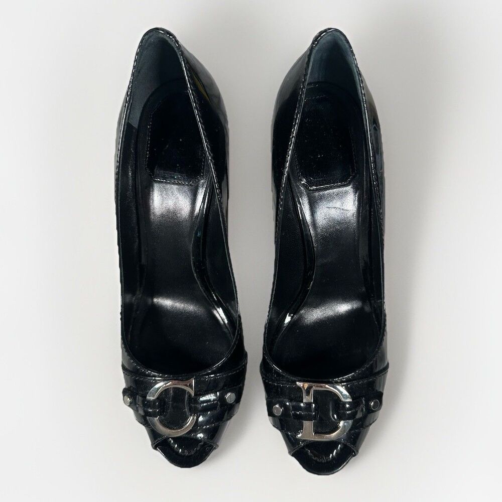 Christian Dior Peep Toe Black Patent Leather CD Metal Logo EU 38 1/2 Y2K